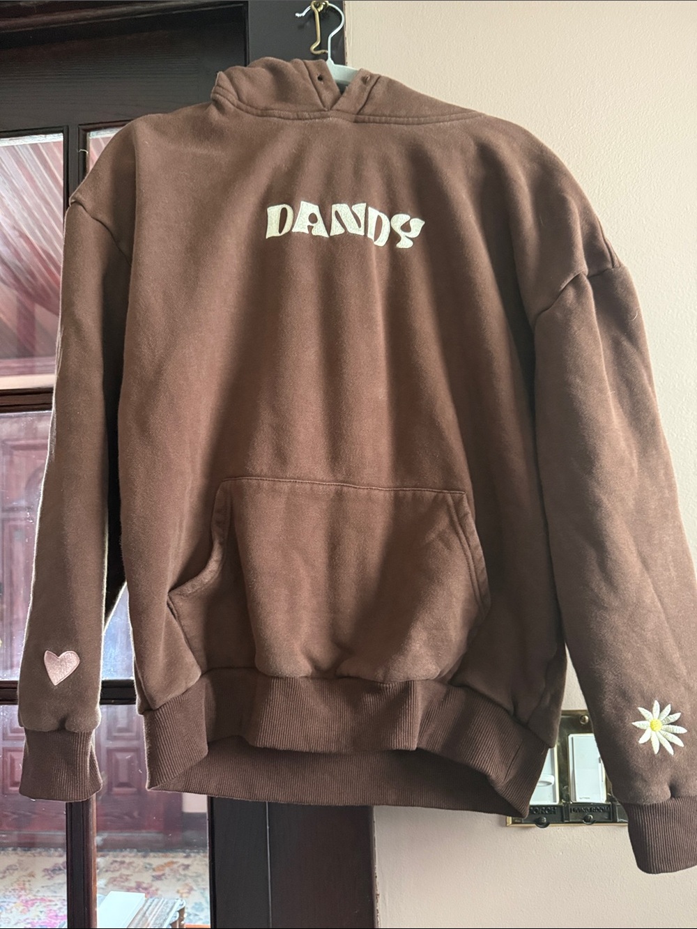 DANDY Brown Logo Hoodie with Heart & Daisy Sleeves